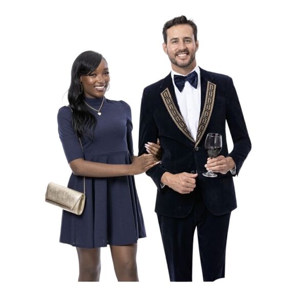 MEN'S NAVY 2 PIECE VELVET FASHION SUIT WITH SEQUINE DESIGN LAPEL. JP 110. - Picture 1 of 1